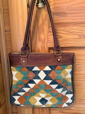Myra Bag Multicolor Geometric Woven Shoulder Tote with Brown Leather Trim